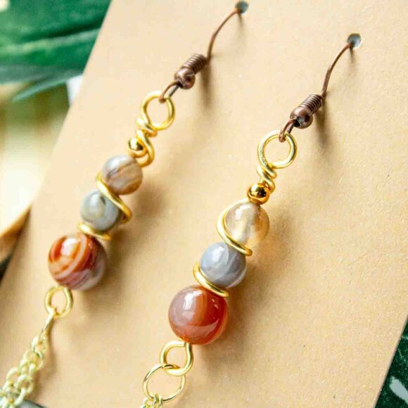 Elegant Three-Bead Multicolor Agate Dangle Earrings with 14k Gold Chain - Picture 4 of 9